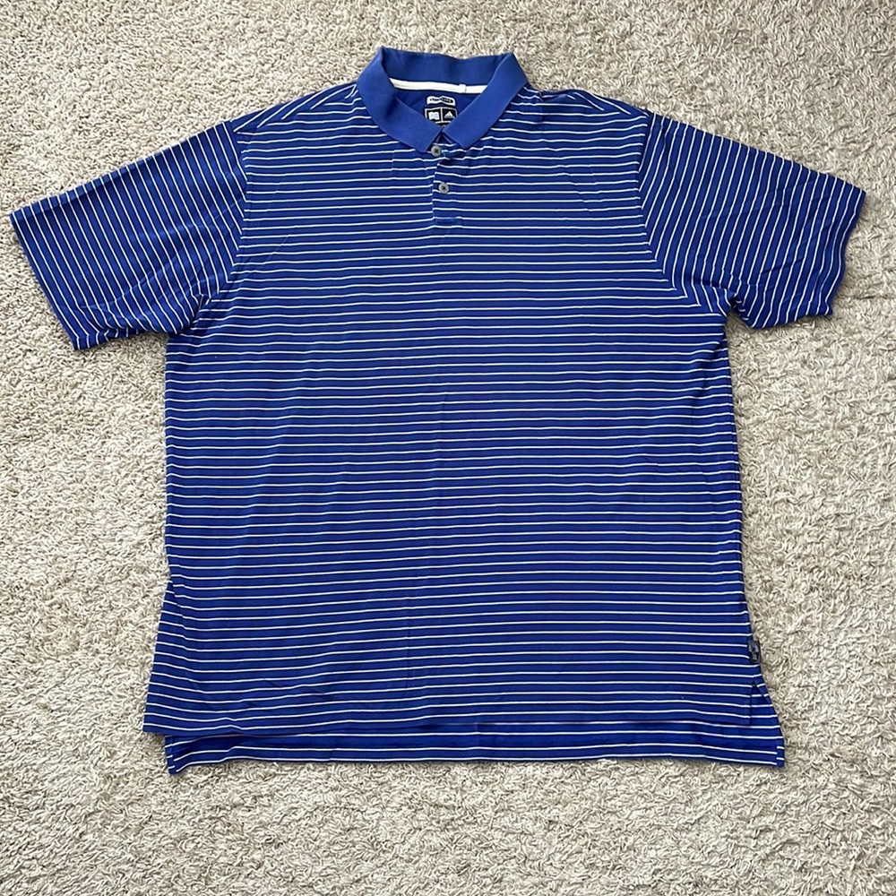 EUC Men’s Adidas ClimaLite Royal Blue/White Lines Short Sleeve Polo Size 2XL